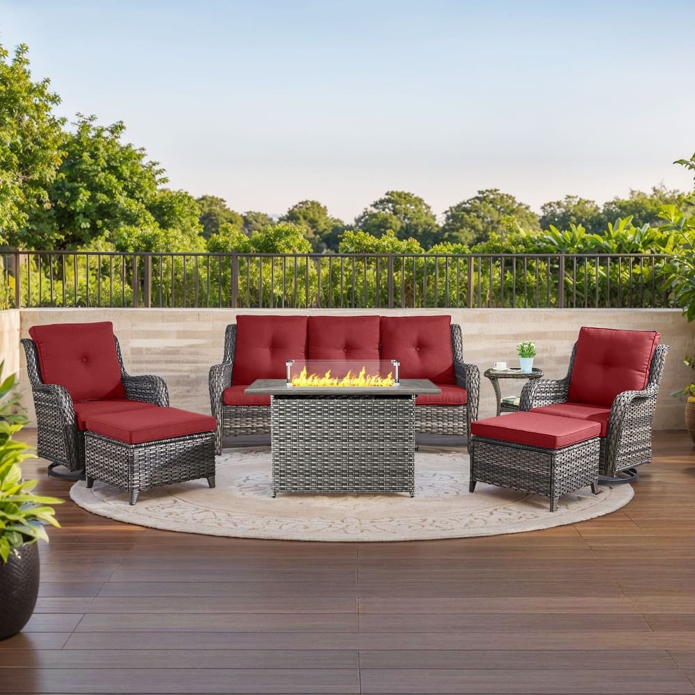 Gymojoy 7-Piece Outdoor Furniture Sofa Set with 2 Swivel Chairs, 2 Ottomans, End Table & 55K BTU Fire Pit Table