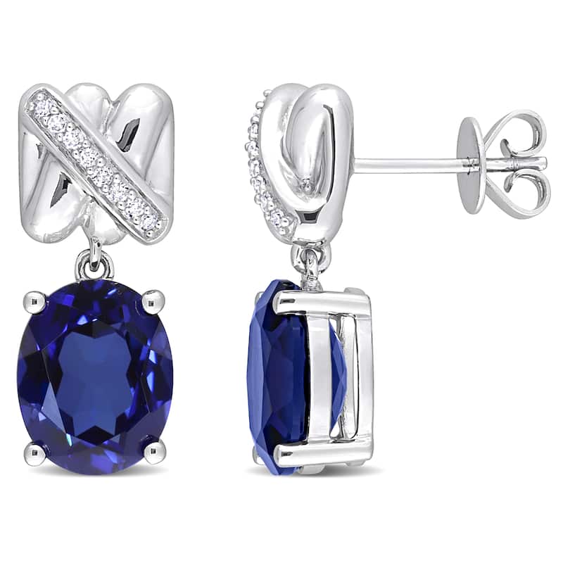 Miadora 8 1/3ct TGW Oval-Cut Created Blue Sapphire 1/10ct TDW Diamond Earrings 14k White Gold