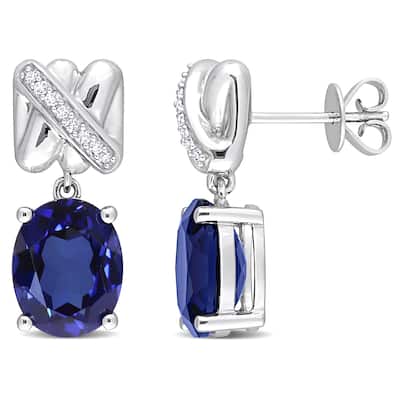 Miadora 8 1/3ct TGW Oval-Cut Created Blue Sapphire 1/10ct TDW Diamond Earrings 14k White Gold