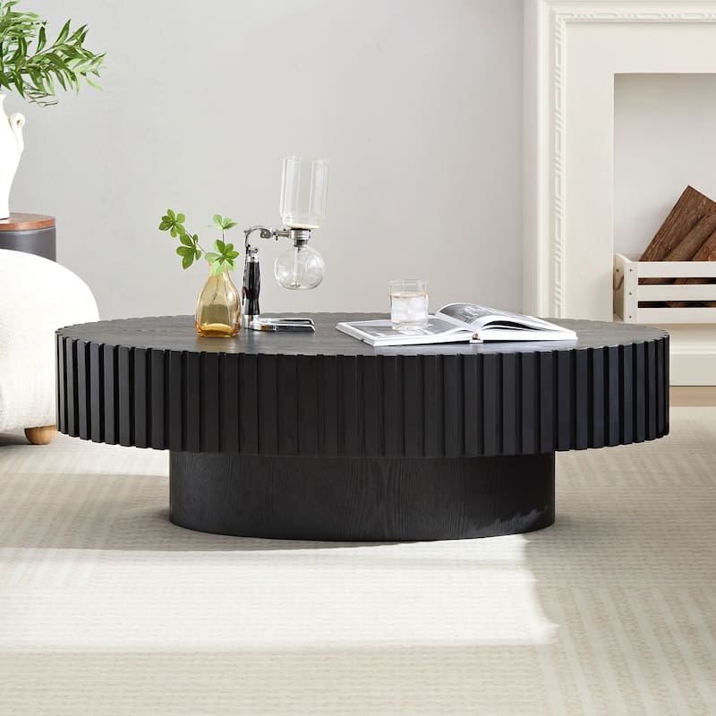 Oval Compact Low Coffee Table Handcraft Drum Small Center Table with Side Fluted Design and Wood Grain for Living Room Office - Black