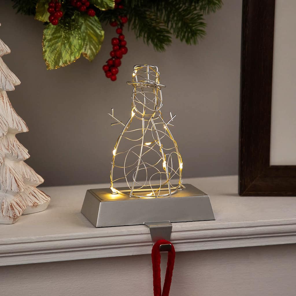 LED Lighted Wire Snowman Christmas Stocking Holder - 6.75" - Silver
