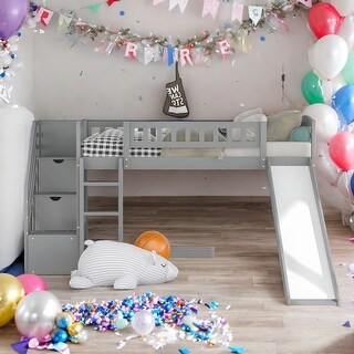 Elegant Stairway Twin Size Loft Bed with Two Drawers, Convertible Ladder and Slide, Sturdy and Durable, Maximized Space, Grey