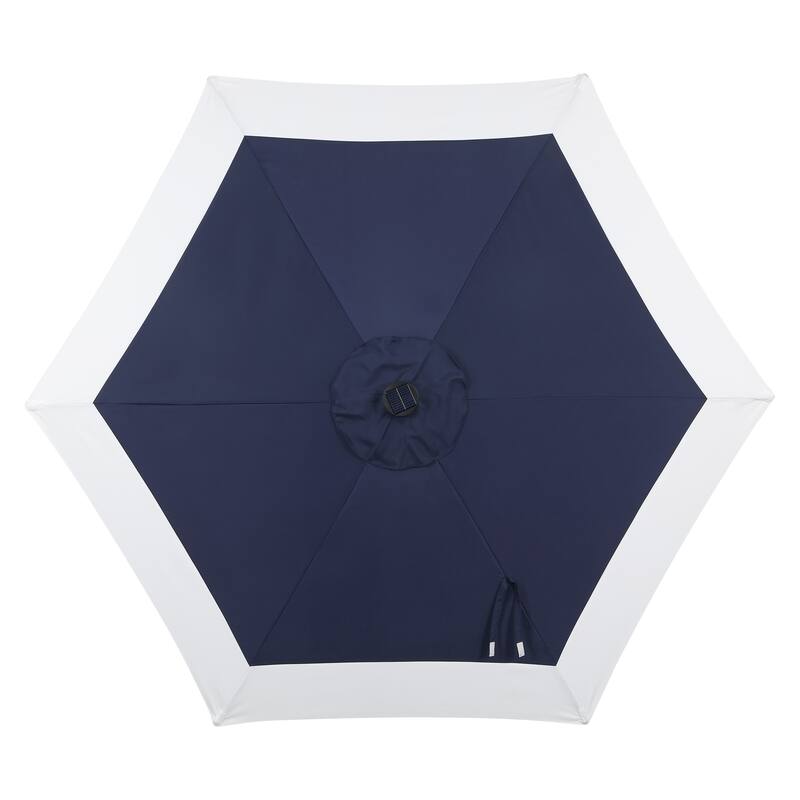 Sidney 9 ft. 2-Tone Solar LED Market Patio Umbrella with 12 LED Strip Lights, Auto-Tilt, Crank and UV Protection, by JONATHAN Y