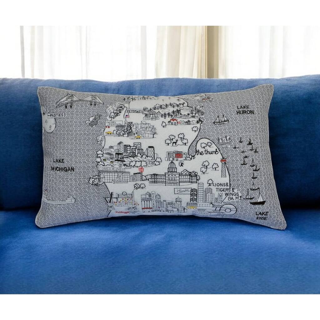 HomeRoots 25" White Michigan Lower Peninsula Daylight Skyline Lumbar Decorative Pillow