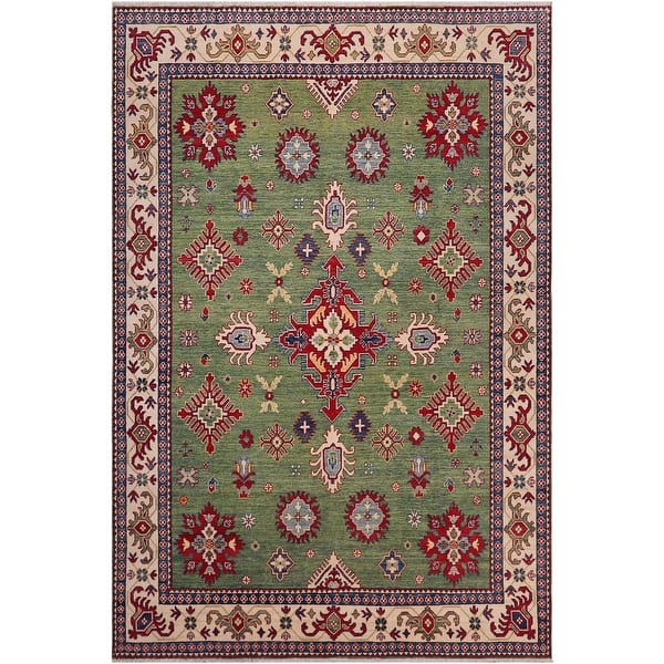 slide 2 of 7, Tribal Kazak Yasmin Green/Beige Wool Rug - 8'3'' x 9'5''