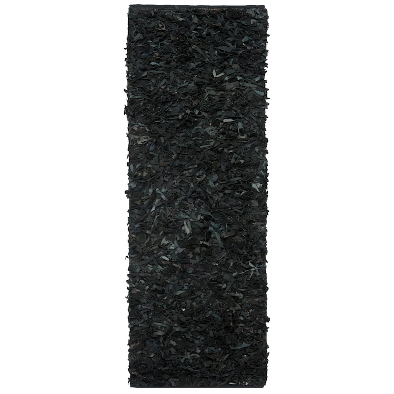 SAFAVIEH Handmade Leather Shag Doinita Modern Decorative Rug - 2'3" x 11' Runner - Black