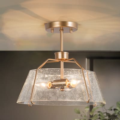 Susa Glam Modern 3-light Semi Flush Mount Gold Drum Ceiling Light Hollow Glass Shade - W13"xH11.5"