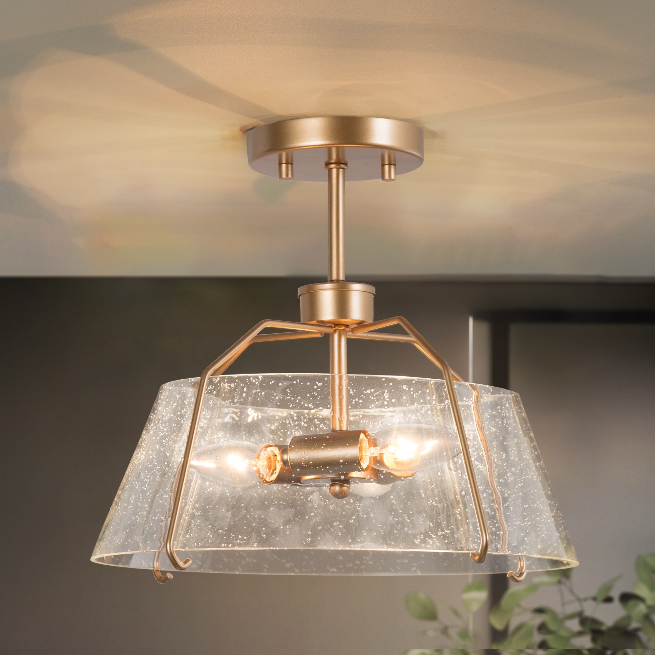 Susa Glam Modern 3-light Semi Flush Mount Gold Drum Ceiling Light Seeded Glass Shade - W13"xH11.5"