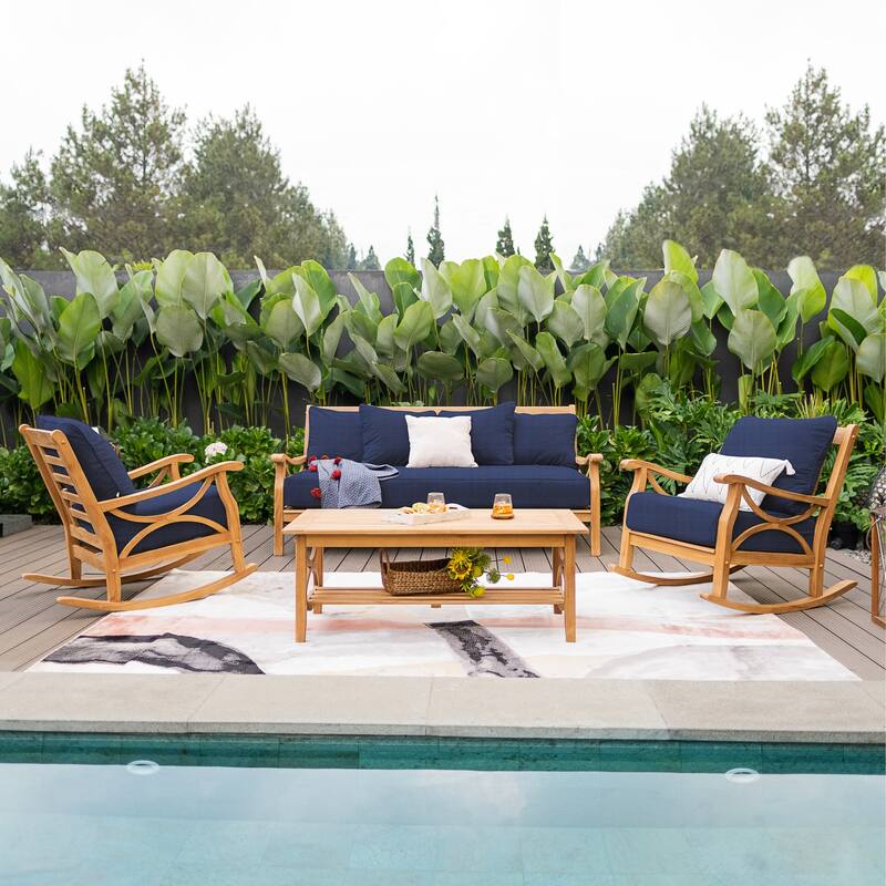 Cambridge Casual Lowell Teak Patio Conversation Set of 4 with Cushion - Natural Teak/Navy Cushion