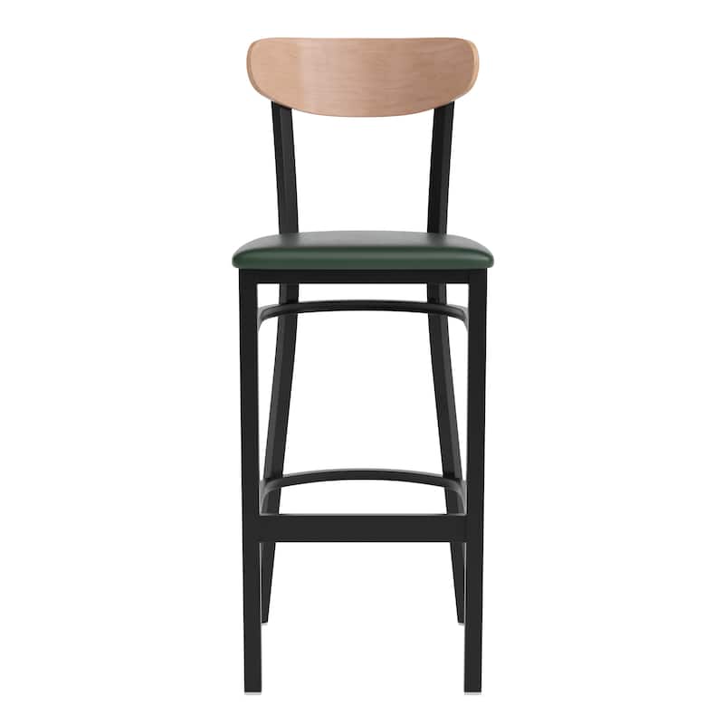 Commercial Metal Barstool with Wood Seat and Boomerang Back