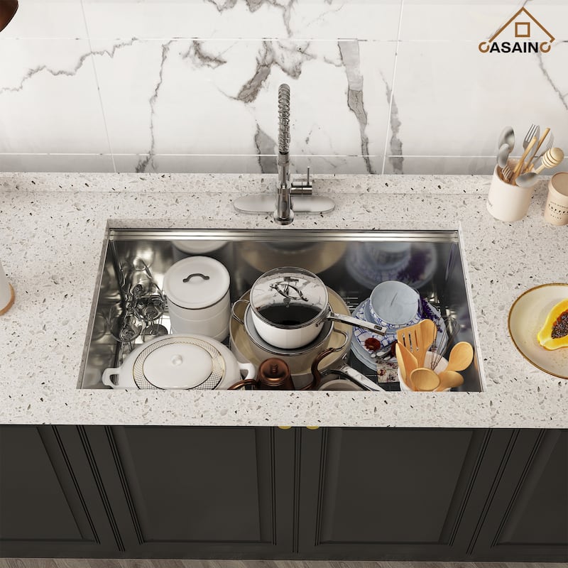 Undermount Single Bowl 18 Gauge Brushed Stainless Steel Workstation Kitchen Sink with Sliding-Accessories