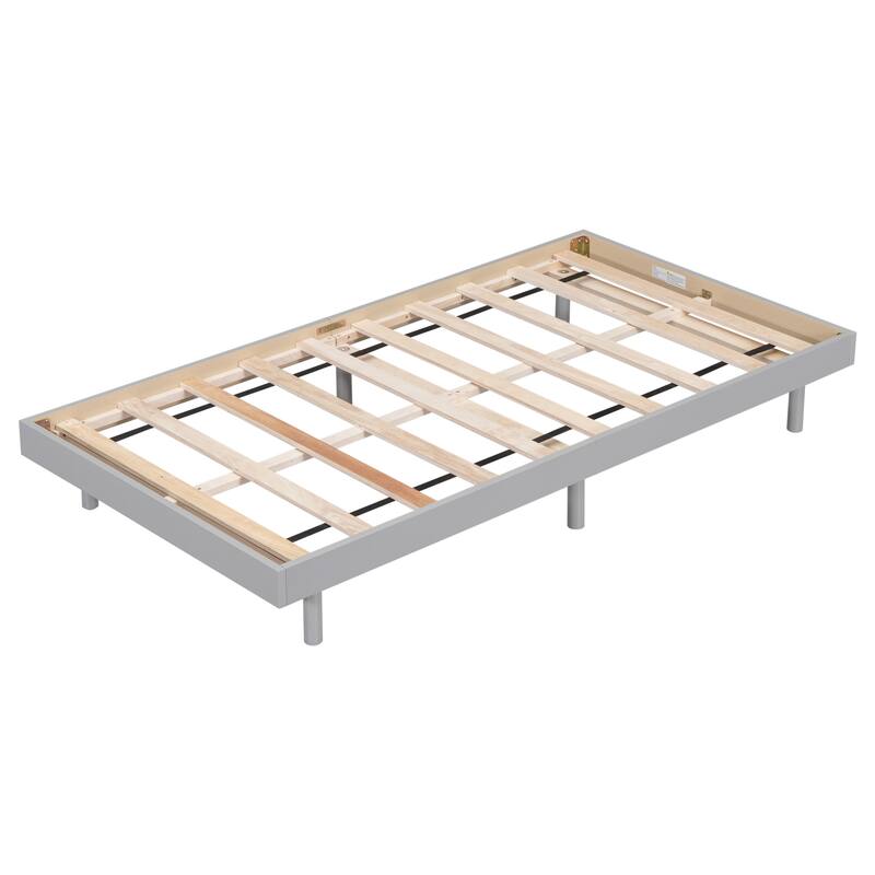 Grey Twin Floating Platform Bed Frame in Particle Board with Rubberwood Legs