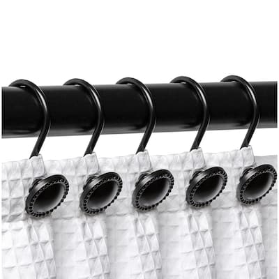 12 Piece Set - Matte Black Button Heavy Duty Shower Curtain Hooks Rings Rustproof Metal - Matte Black