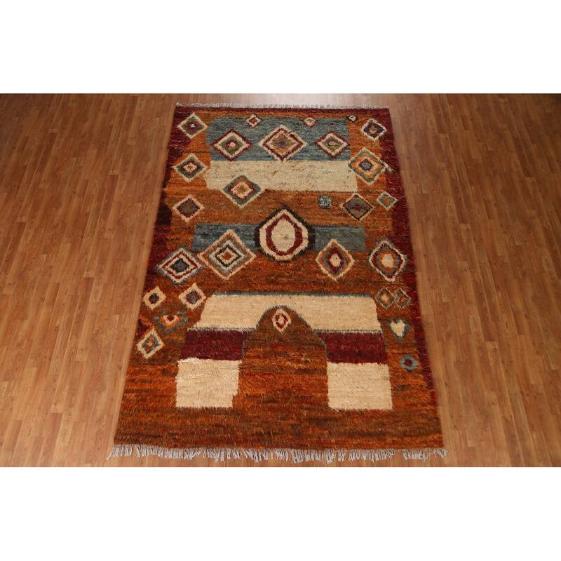 Hand Knotted Oriental 100% Wool Carpet Modern Tribal Oranges & Rust Moroccan Area Rug - 9' 11'' X 6' 8''