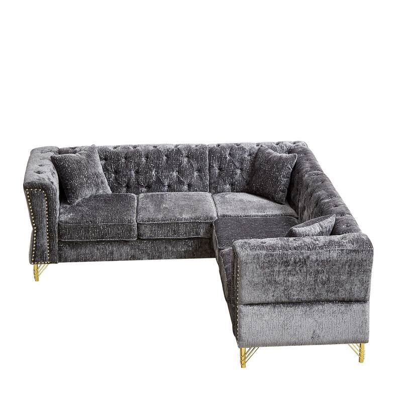 81.5-Inch Grey Chenille Corner Sofa, L-Shaped Sectional Couch with Nailhead Trim