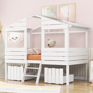 Solid Pine Twin Size House Loft Bed with 2 Drawers & Windows & Roof ...
