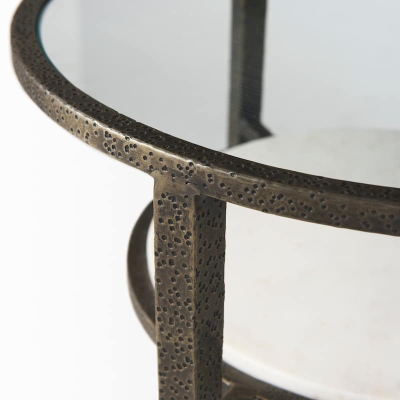 Felicity Glass Top w/White Marble Shelf & Antique Gold Base Coffee Table