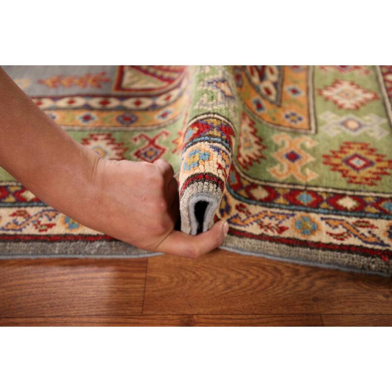 Geometric Grey Kazak Foyer Rug Hand-Knotted Wool Carpet - 3'5" x 4'10"