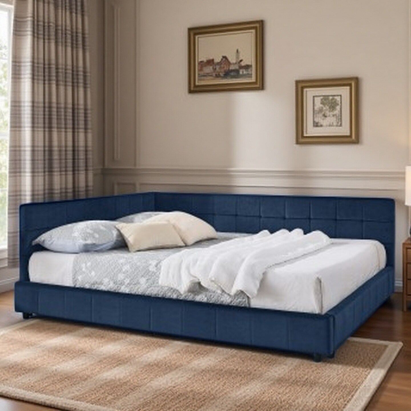 Mid-Century Velvet Queen Daybed with Tufted Backrest and Armrest, Convertible Sofa Bed Frame, Sturdy Upholstered Platform