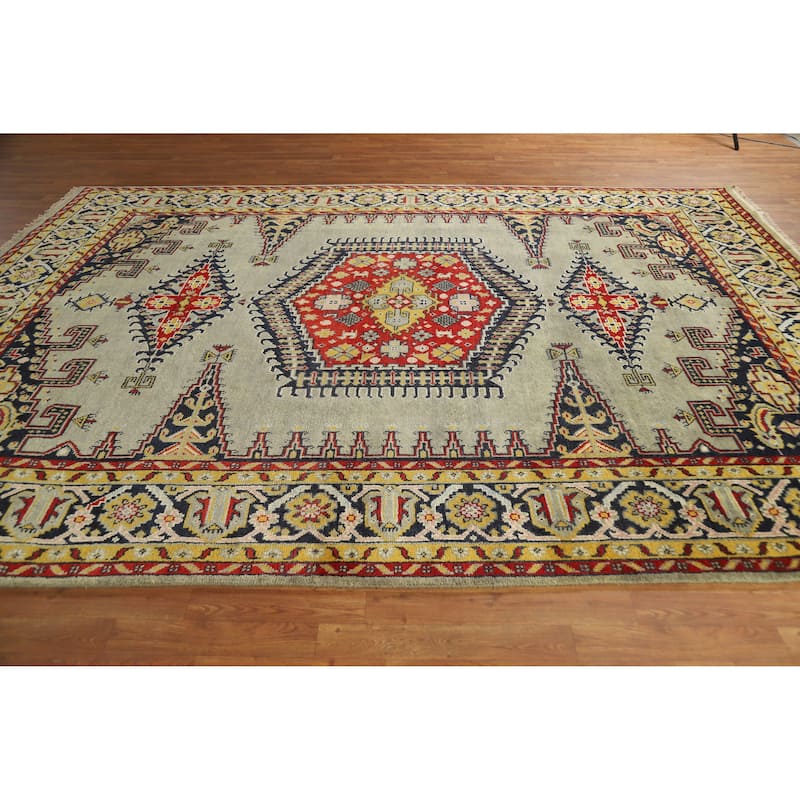 Green Geometric Viss Indian Area Rug Hand-Knotted Wool Carpet - 8'7" x 11'9"