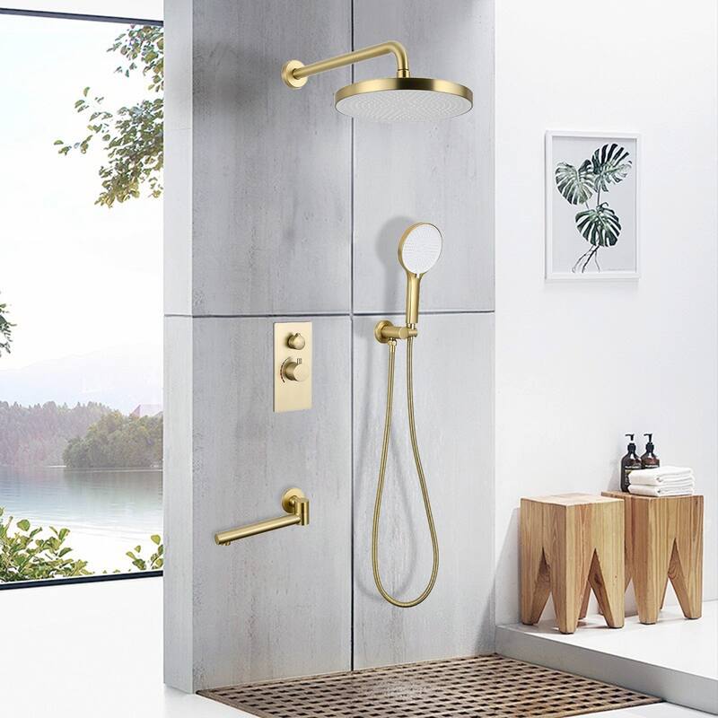 Luxury 3-Function Shower System Set - Solid Brass Control Valve, 10" Overhead Shower, 3-Spray Handheld