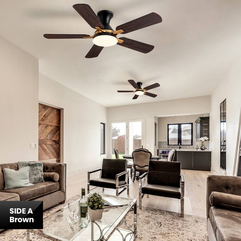 Industrial Led Ceiling Fan With Lights And Remote, Modern Black And Gold Flush Mount Ceiling Fan With 5 Blades