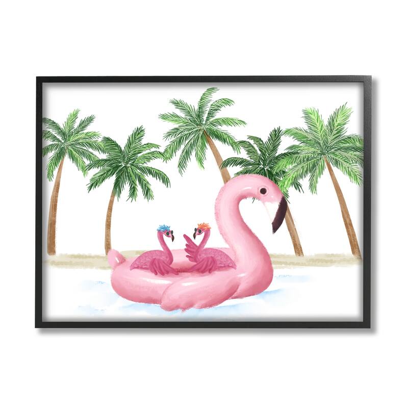 Stupell Pink Flamingo Tropical Beach Float Party Palm Trees Framed Wall Art - 30 x 24 - Black