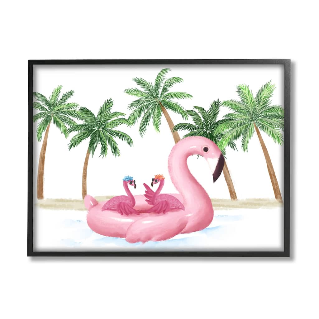 Stupell Pink Flamingo Tropical Beach Float Party Palm Trees Framed Wall Art