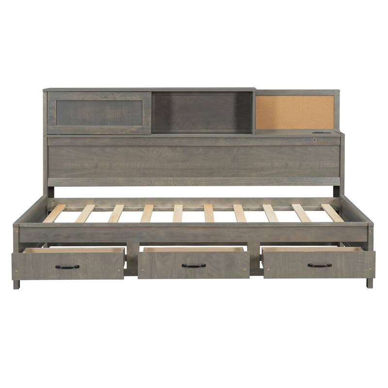 Full/Twin Size Built-in Storage Bed Versatile Wooden Daybed with 3 Drawers, Pushable Top Shelf, USB Ports and Power Outlets