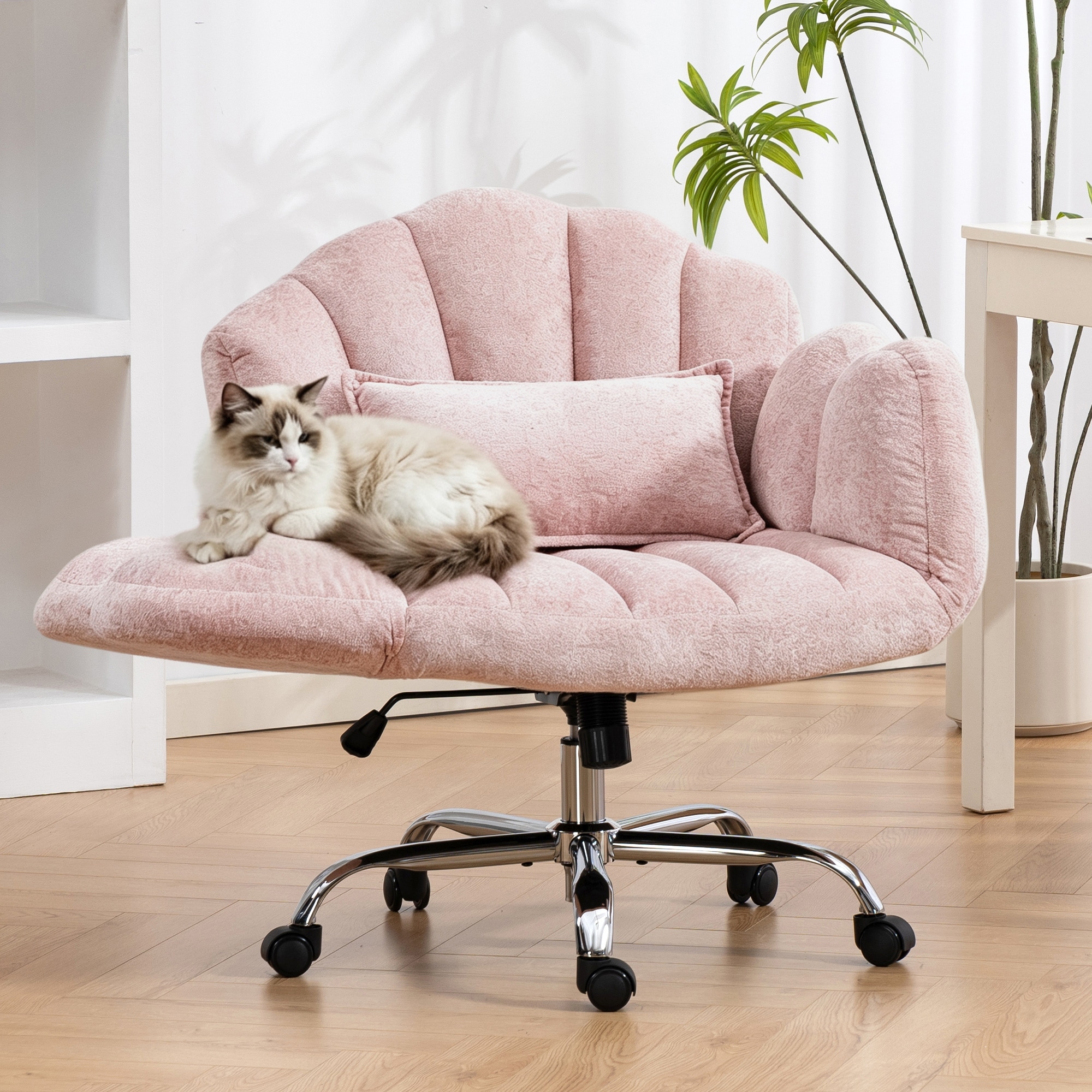 XINMICS Cross-Legged Office Chair With Flip-up Arms, Chenille Swivel Vanity Chair with Height Adjustable - N/A