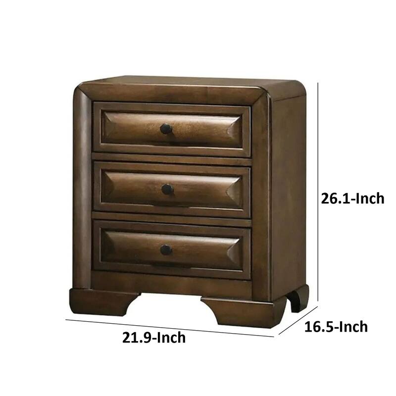 Cair Nightstand w 3 Beveled Drawers, Bronze Metal Knobs, Brown Wood