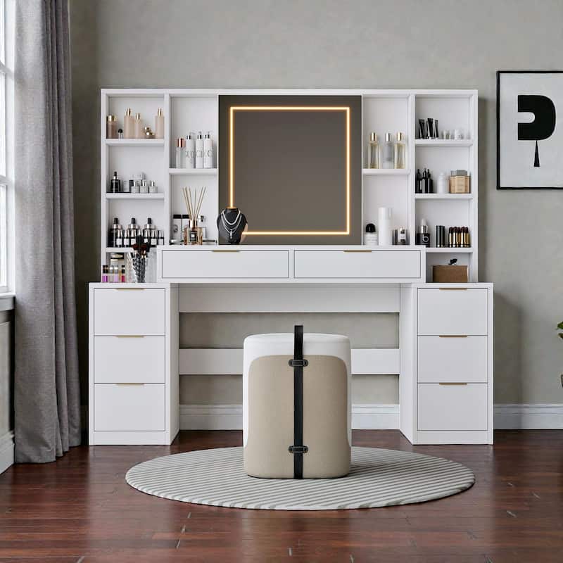 59" Makeup Vanity Desk with Mirror and LED Lights, White Dressing Table with 8 Drawers and Open Storage