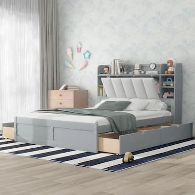 Queen Size Wood Platform Bed with Smart Storage and Sleek Shelves