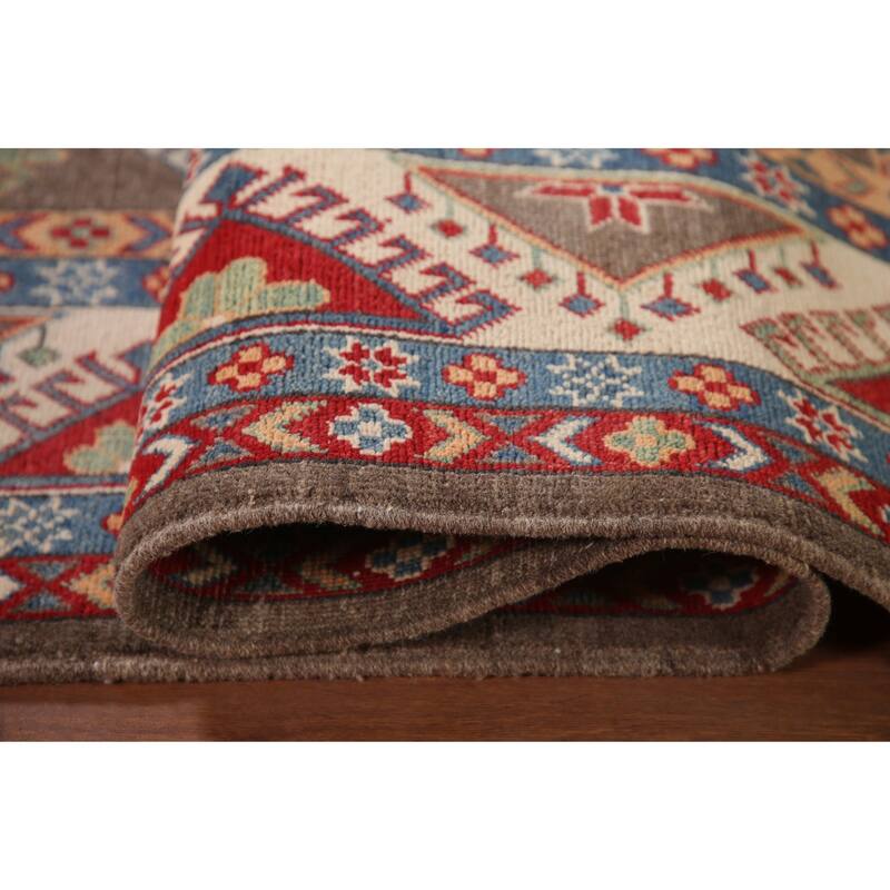 Geometric Brown Kazak Area Rug Handmade Wool Carpet - 6'7" x 9'10"