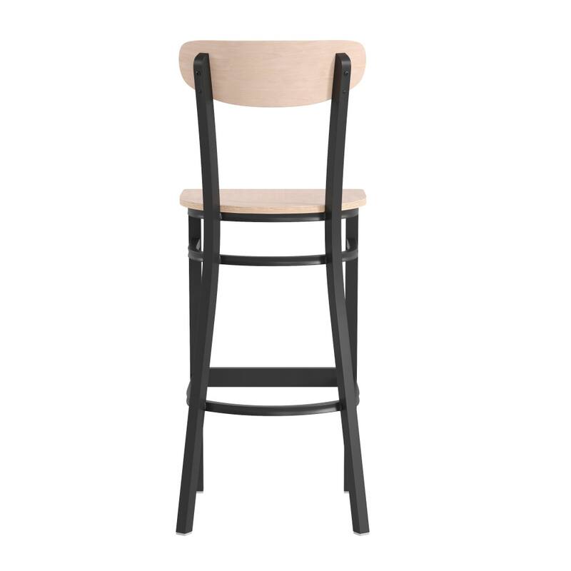 Commercial Metal Barstool with Wood Seat and Boomerang Back