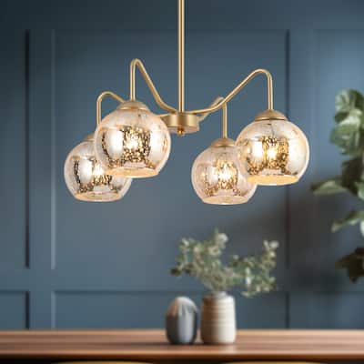 Ziv Mid-Century Modern 4-Light Gold Chandelier with Mercury Glass Shades - 20.5" D x 8.5" H