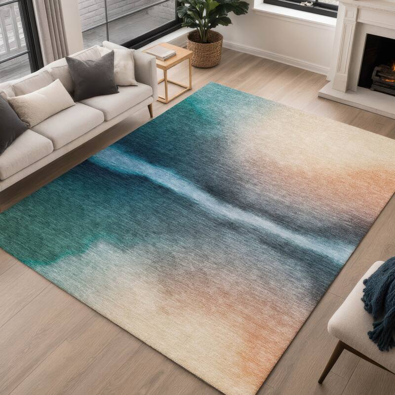 Machine Washable Indoor/ Outdoor Modern Landscape Chantille Rug