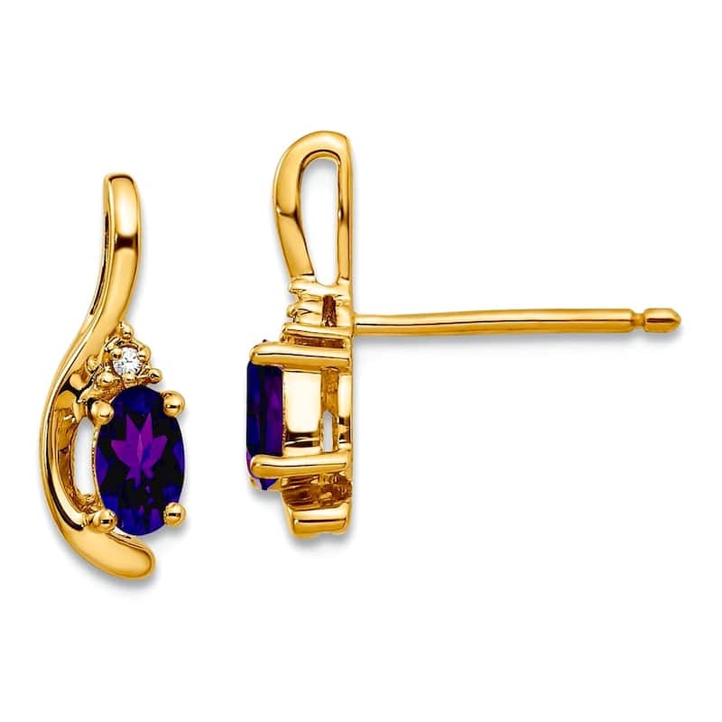 Curata 14k Yellow Gold Genuine Gemstone & Diamond Birthstone Teardrop Earrings (5x14mm) - Amethyst