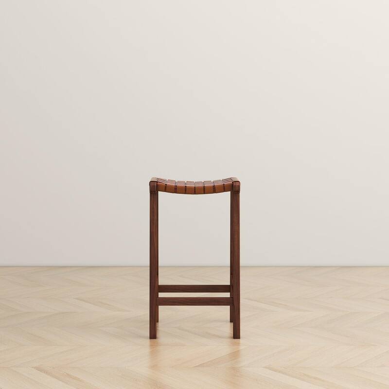 GDFStudio - James Mid-Century Modern 23.6"H Counter Stool with Solid Wood Frame & Genuine Leather Upholstery