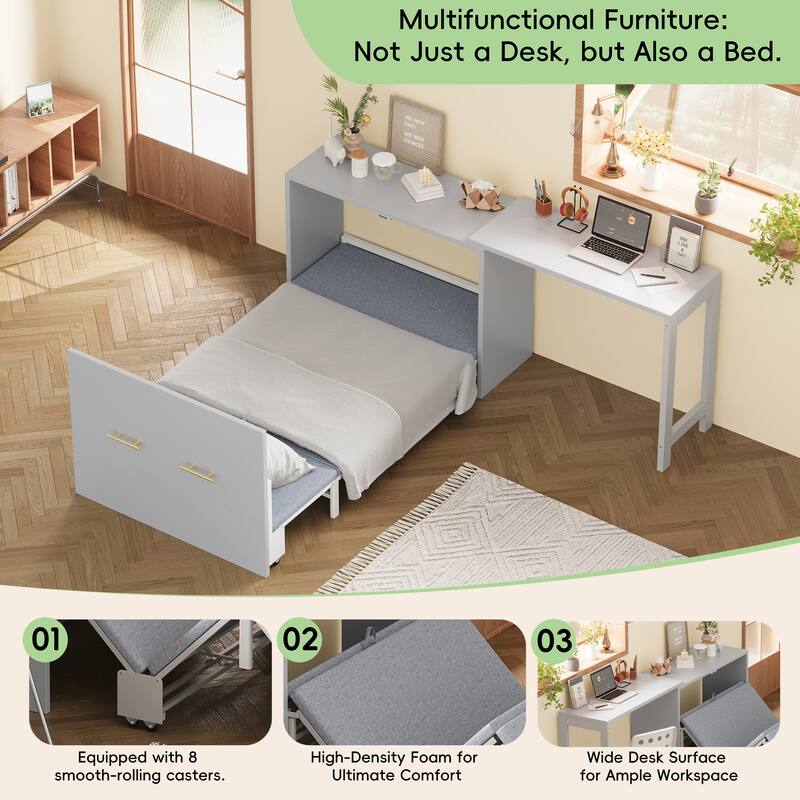 Convertible Twin Murphy Chest Bed with Adjustable L-Shaped Desk and Built-in Cushion for Small Rooms