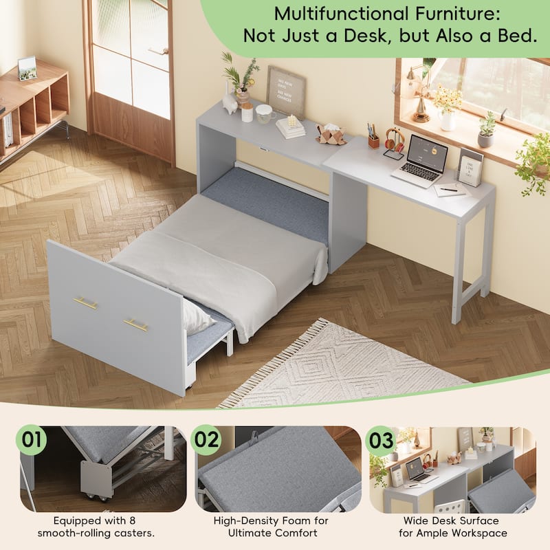 Twin Murphy Cabinet Bed Adjustable Desk Foldable Cushion Guest Room Small Space