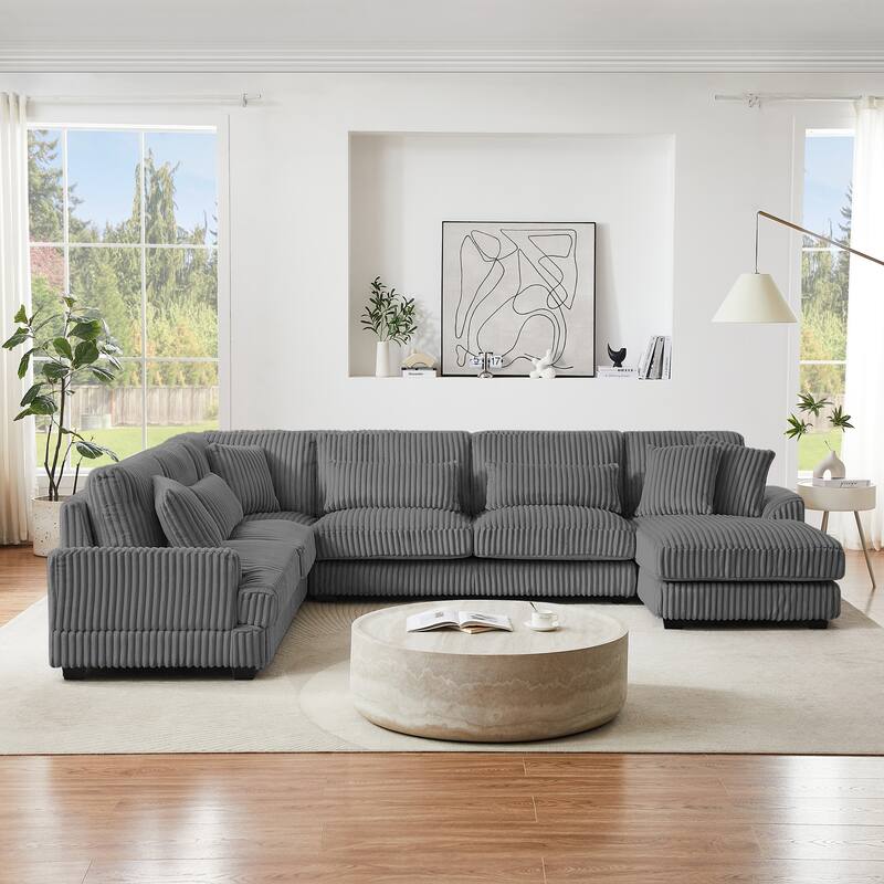 U-Shaped Sectional Sofa with Chaise Lounge, Oversized Corduroy Upholstered Sofa, 5 Seater Sofa with Removable Throw Pillows