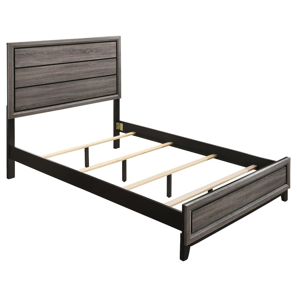Panel Bed, Grey Oak and Black, Wooden Frame with Tapered Legs and Recessed Grooved Design