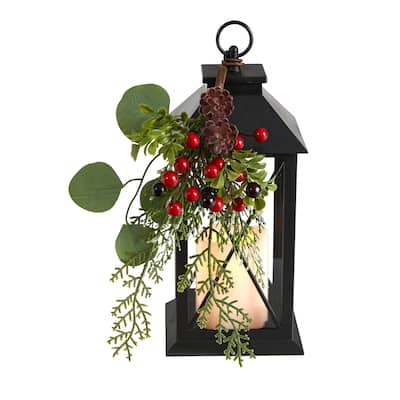 12” Black Battery Operated Decorative Berries Christmas Lantern