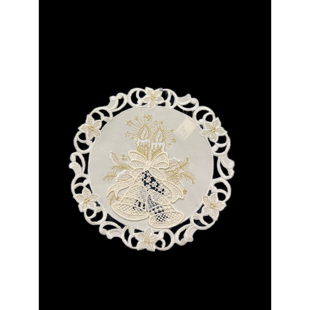 Christmas Candle Beige Lace Embroidered Cutwork Round Placemat, 8-Inch diameter
