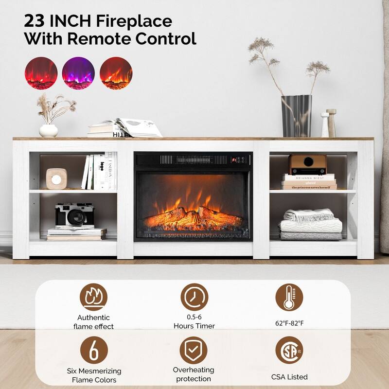 Farmhouse 70'' TV Stand For Tvs Up To 70'' With 23'' Electric Fireplace and Adjustable Shelves