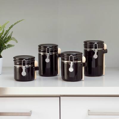 4 Piece Ceramic Canister Set with Wooden Spoons, Black