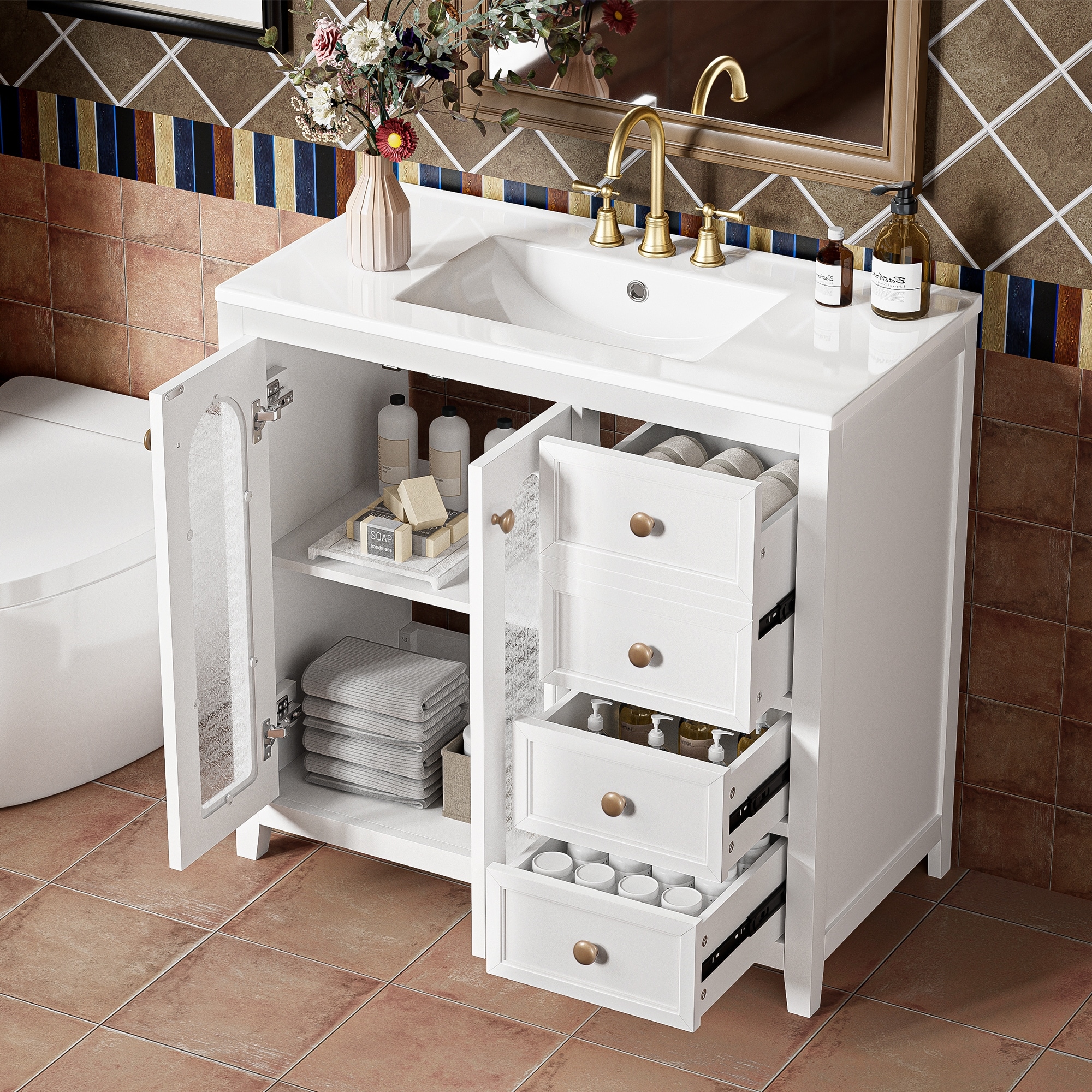 36" Undermount Ceramic Sink Bathroom Vanity Cabinet, Modern Patterned Glass Doors Bathroom Storage Cabinet with 3 Drawers