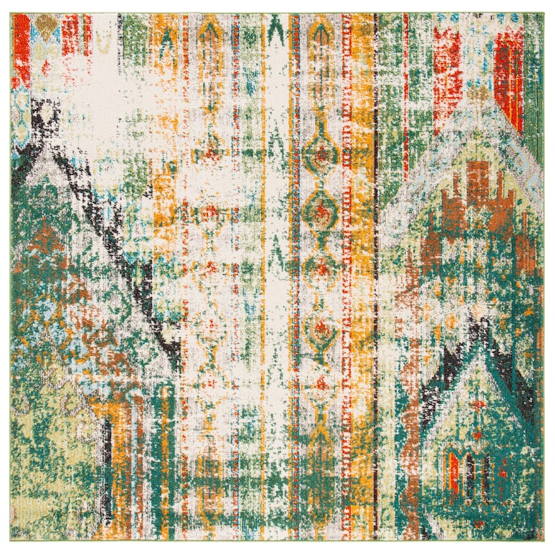 SAFAVIEH, Madison Sonya Abstract Boho Distressed Rug - 6'7" Square - Green/Orange