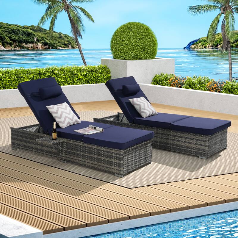 Outdoor Chaise Lounge Chair Set of 2 with Storage Patio Pool Chairs Tanning Lounges for Outside, Beach Rattan Recliners